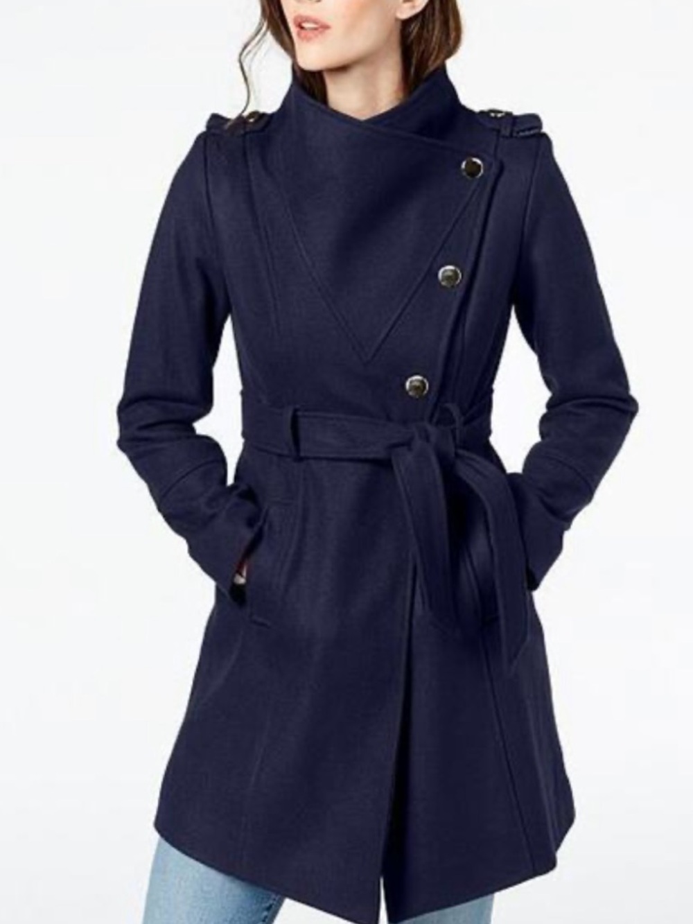 Guess Navy Belted Wool-Blend Coat XXS